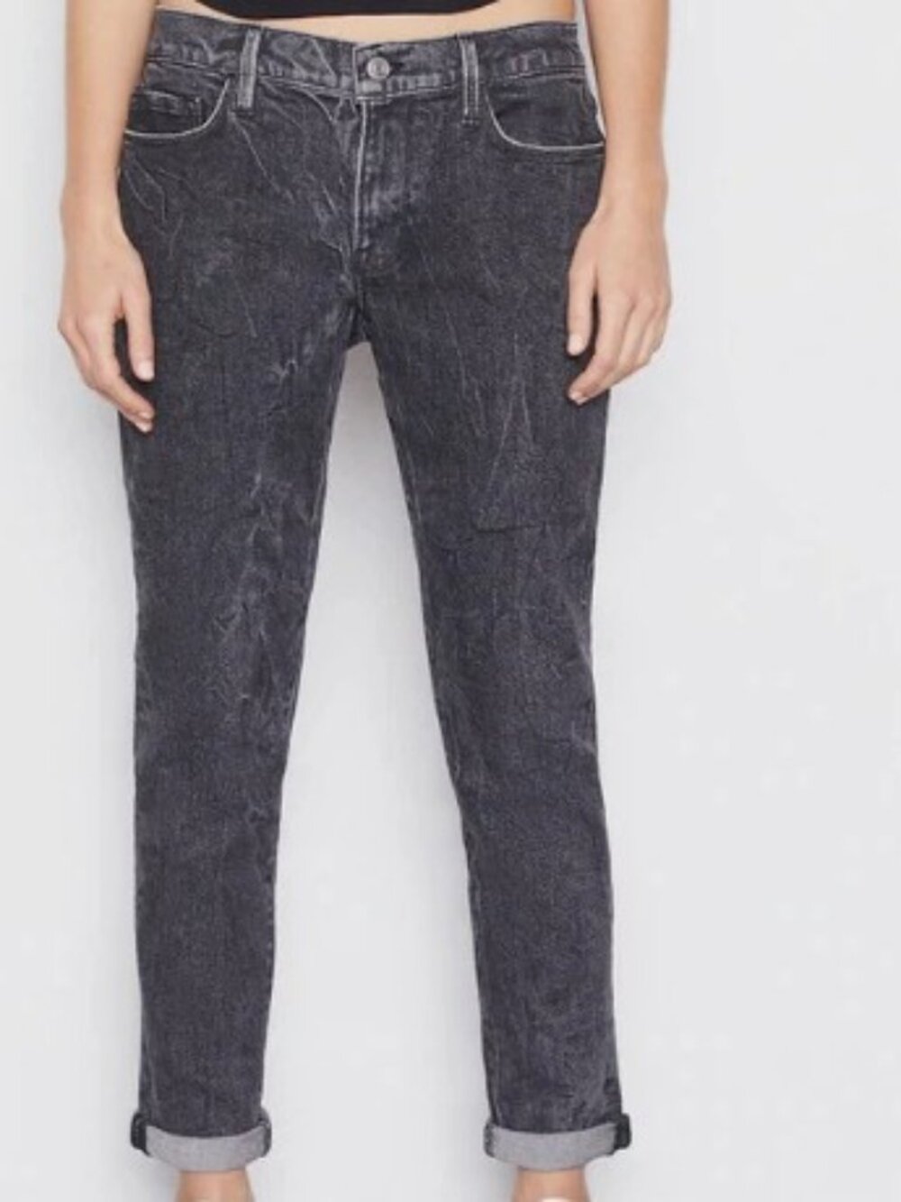 FRAME Le Garcon Women's Edgey Distressed Black Jeans, Size 26
